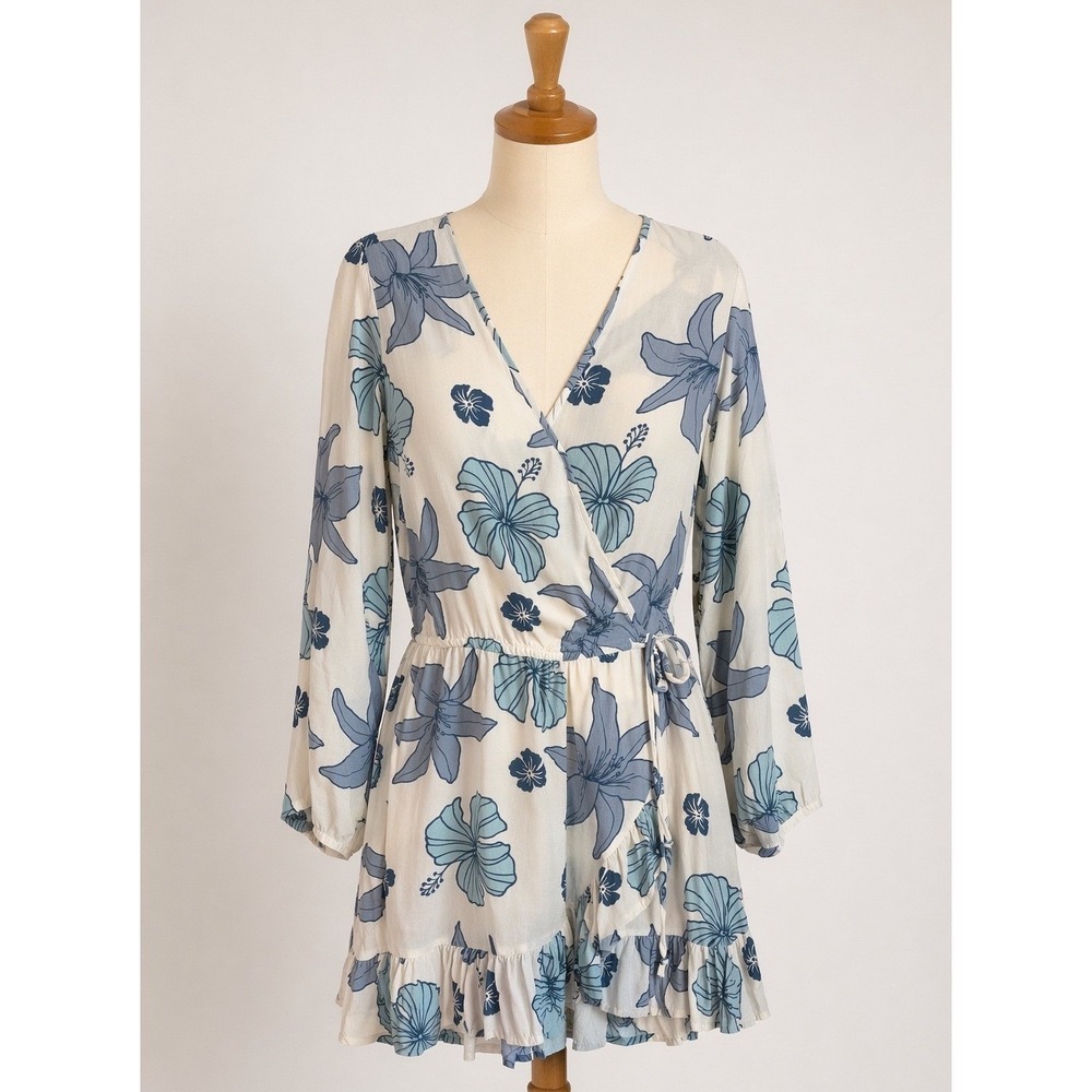 NWT Ocean Drive Blue White Tropical Floral Wrap Dress Bell Sleeve Ruffle Hem M